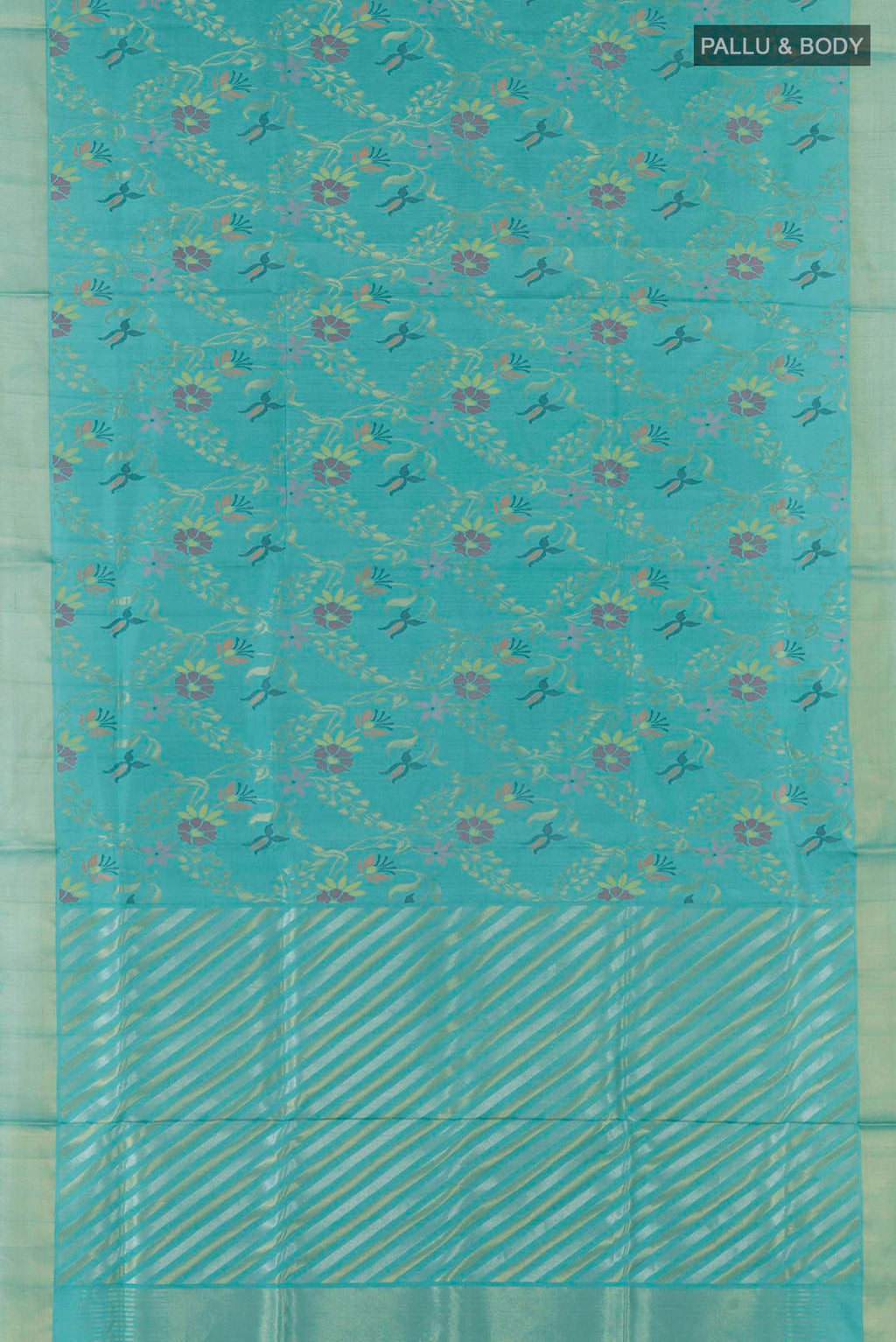 Flat view of Pure Silk Pure Zari Blue Uppada Saree with Zari Brocade on the body and Zari Border