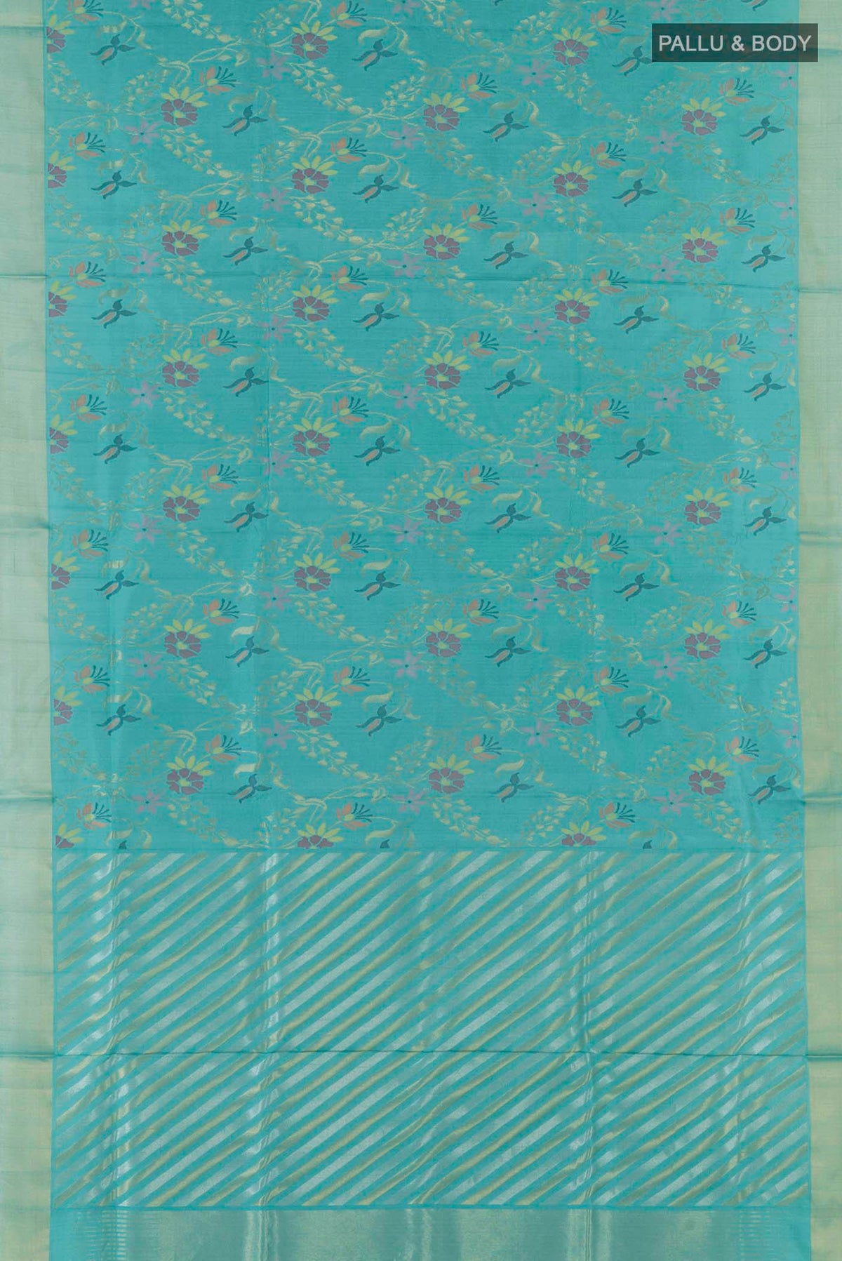 Flat view of Pure Silk Pure Zari Blue Uppada Saree with Zari Brocade on the body and Zari Border