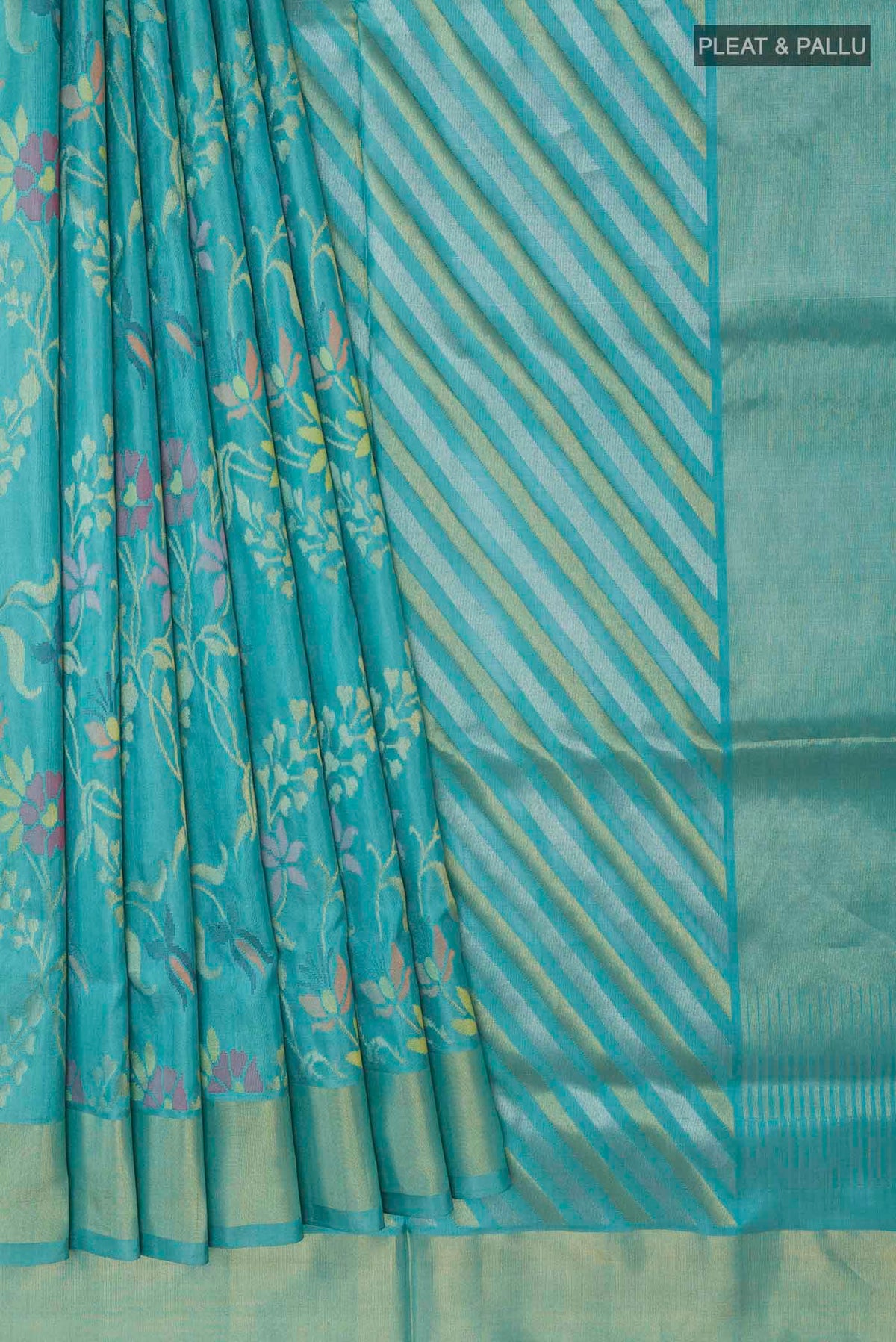 Pleats and pallu of Pure Silk Pure Zari Blue Uppada Saree with Zari Brocade on the body and Zari Border