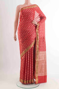 Red Banarasi Tussar Silk Saree with Zari Butta on the body and Zari Border displayed on a mannequin