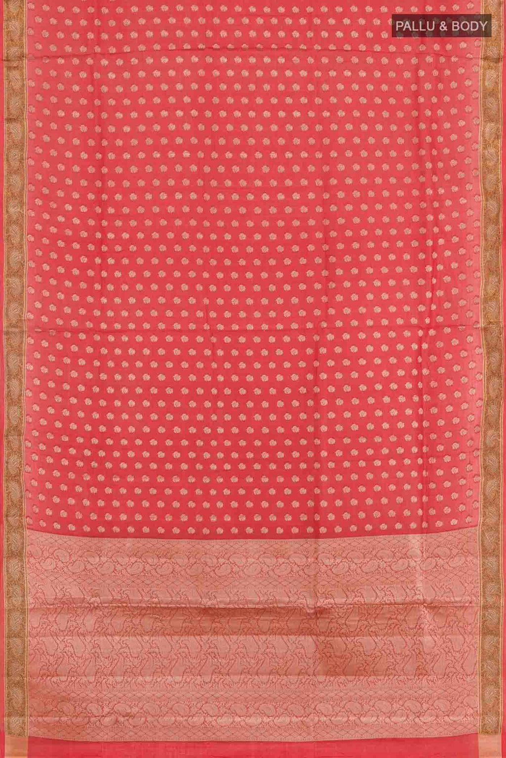 Flat view of Red Banarasi Tussar Silk Saree with Zari Butta on the body and Zari Border