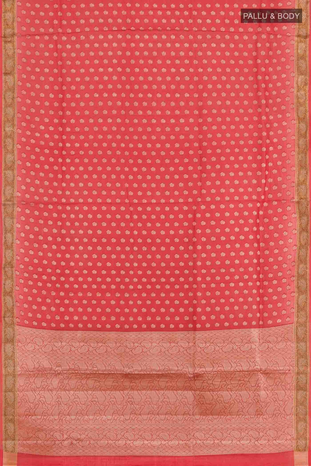 Flat view of Red Banarasi Tussar Silk Saree with Zari Butta on the body and Zari Border