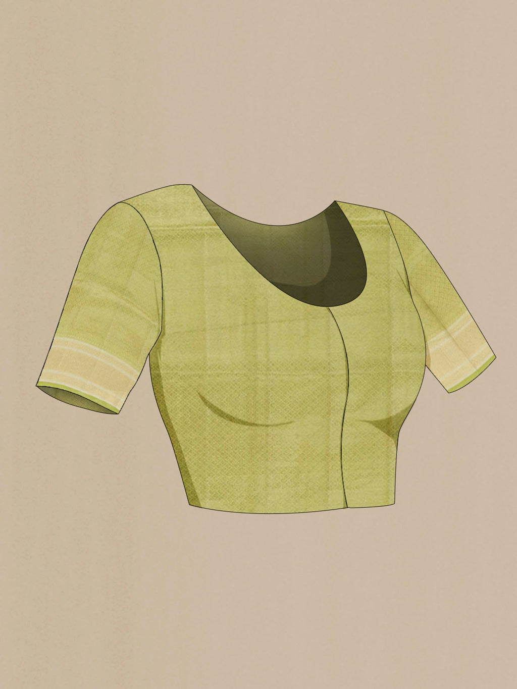 Close up image of the blouse of Green Banarasi Tussar Silk Saree with Zari Butta on the body and Zari Border