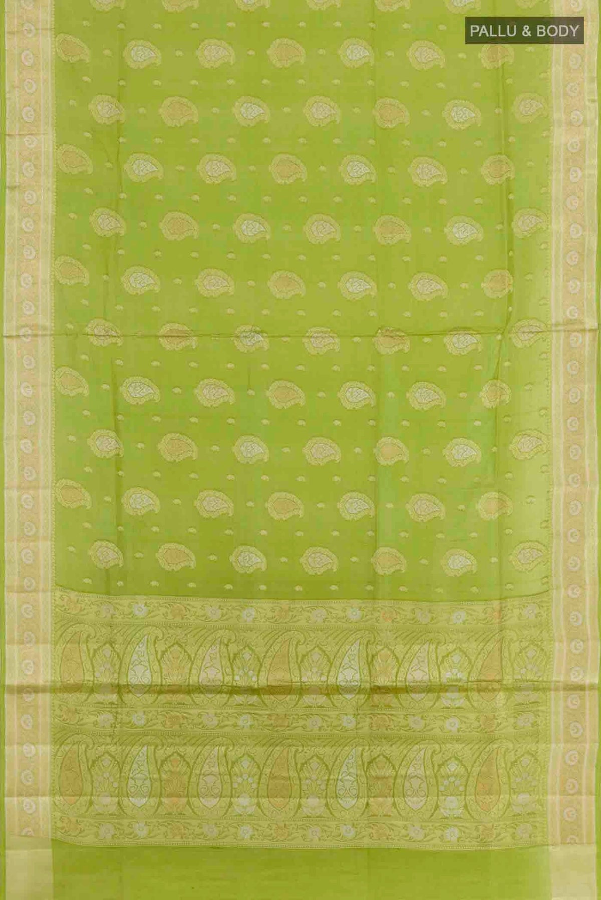 Flat view of Green Banarasi Tussar Silk Saree with Zari Butta on the body and Zari Border