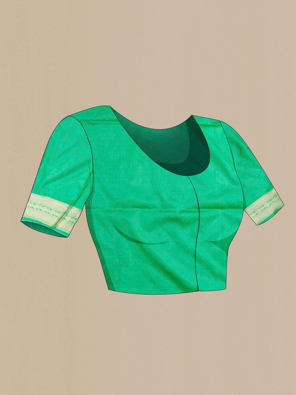Close up image of the blouse of Green Banarasi Silk Saree with Zari Brocade on the body and Zari Border