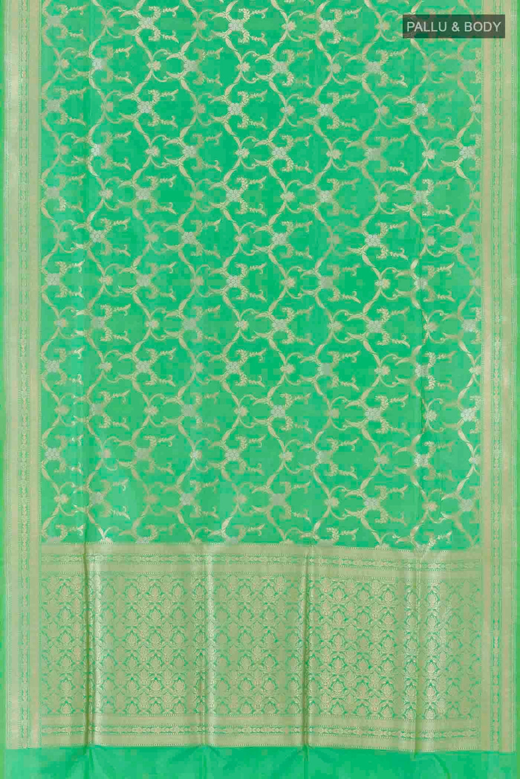 Flat view of Green Banarasi Silk Saree with Zari Brocade on the body and Zari Border