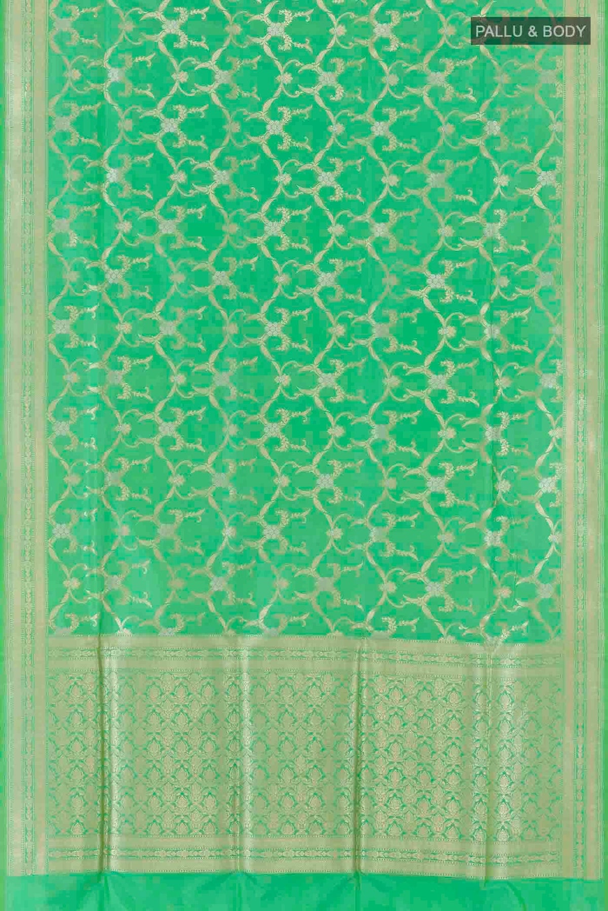 Flat view of Green Banarasi Silk Saree with Zari Brocade on the body and Zari Border