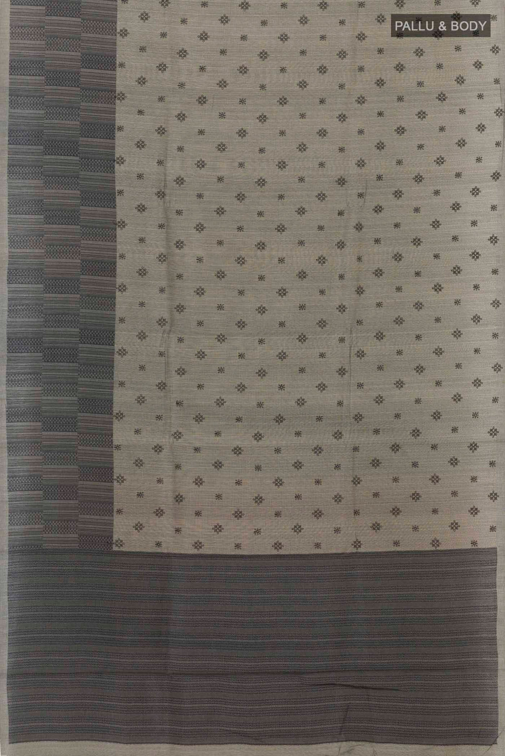 Flat view of Davys Grey Tussar Saree with Embroidery on the body and Printed Border