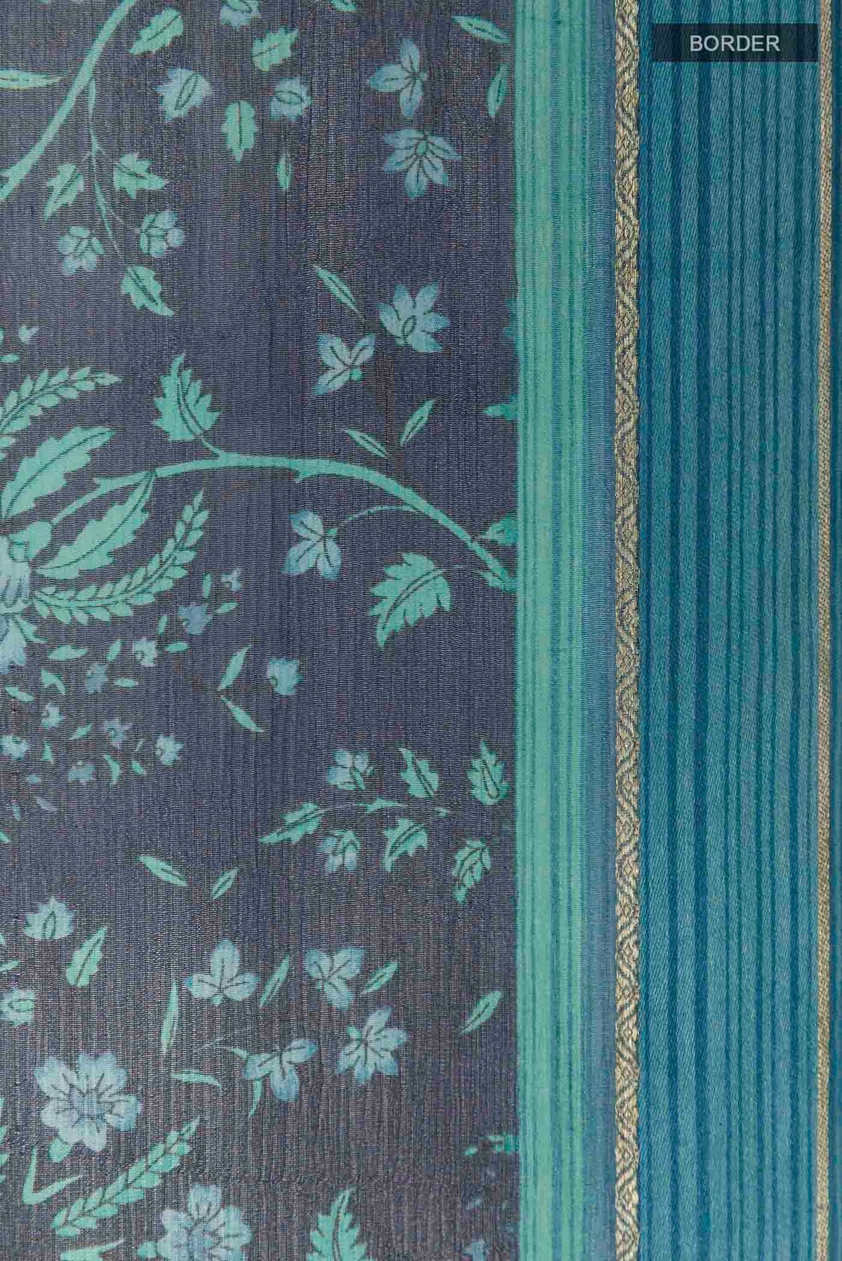 Border image of Peacock Blue Mysore Chiffon Saree with Printed design on the body and Zari Border