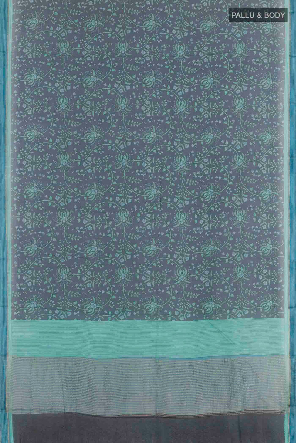 Flat view of Peacock Blue Mysore Chiffon Saree with Printed design on the body and Zari Border