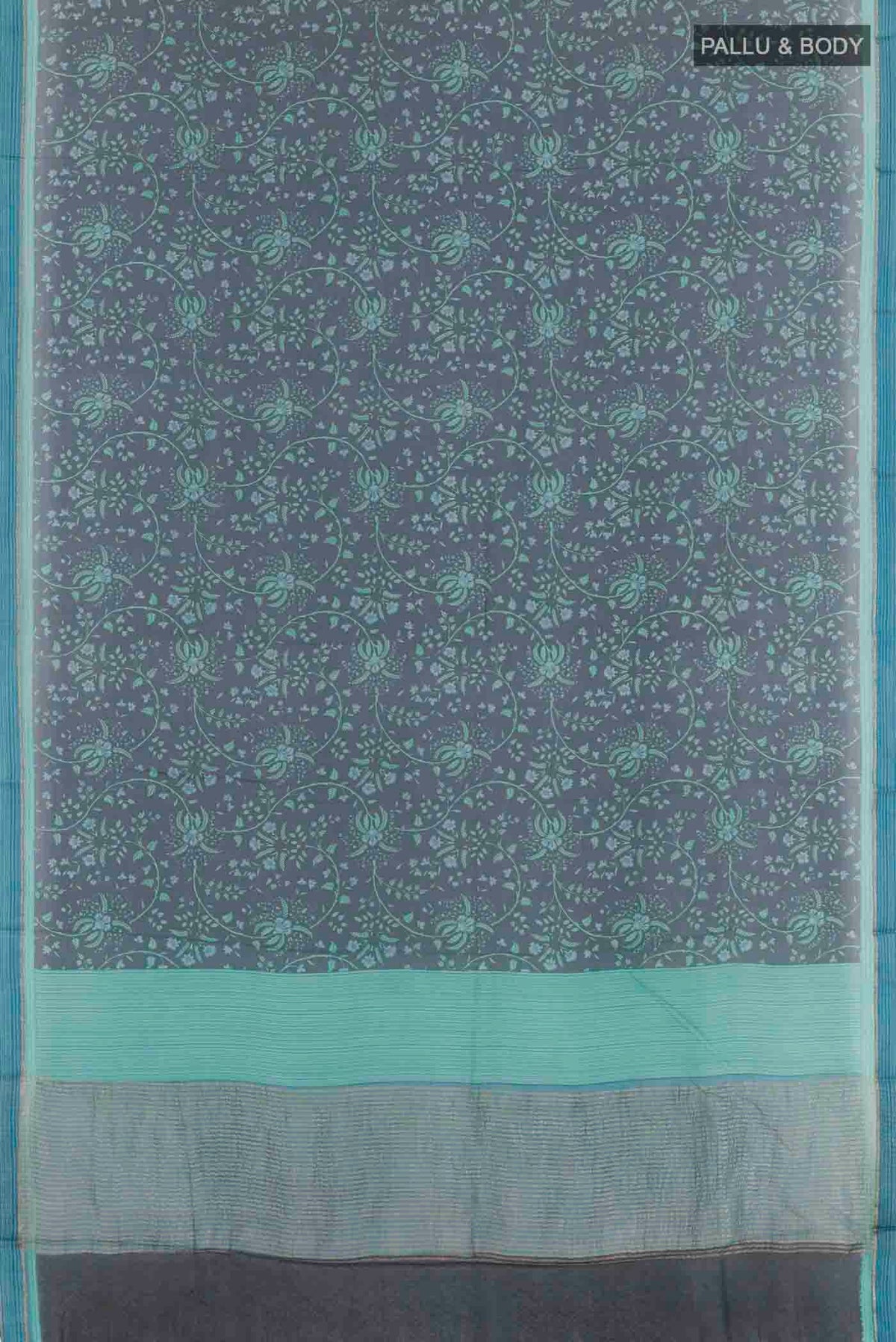 Flat view of Peacock Blue Mysore Chiffon Saree with Printed design on the body and Zari Border