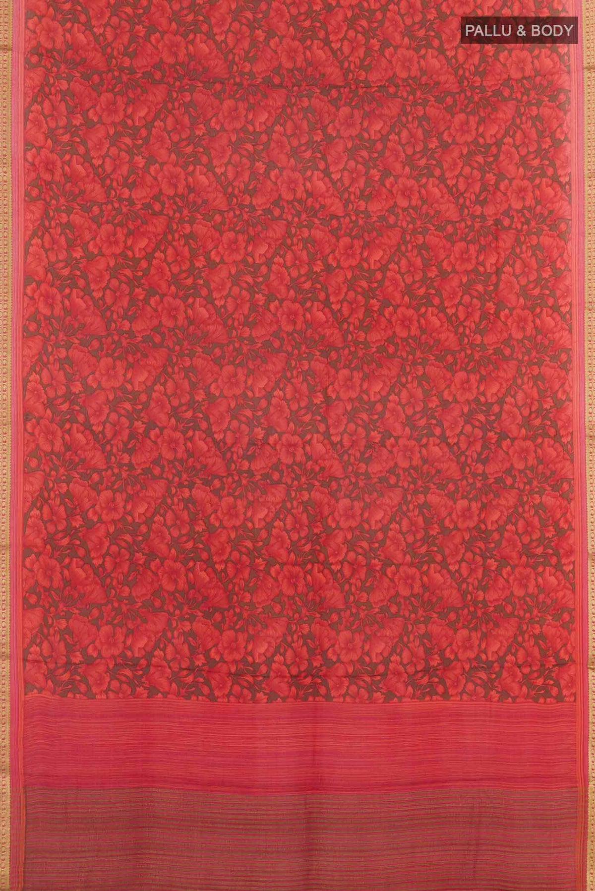 Flat view of Red Crepe Saree With Printed design on the body and Zari Border