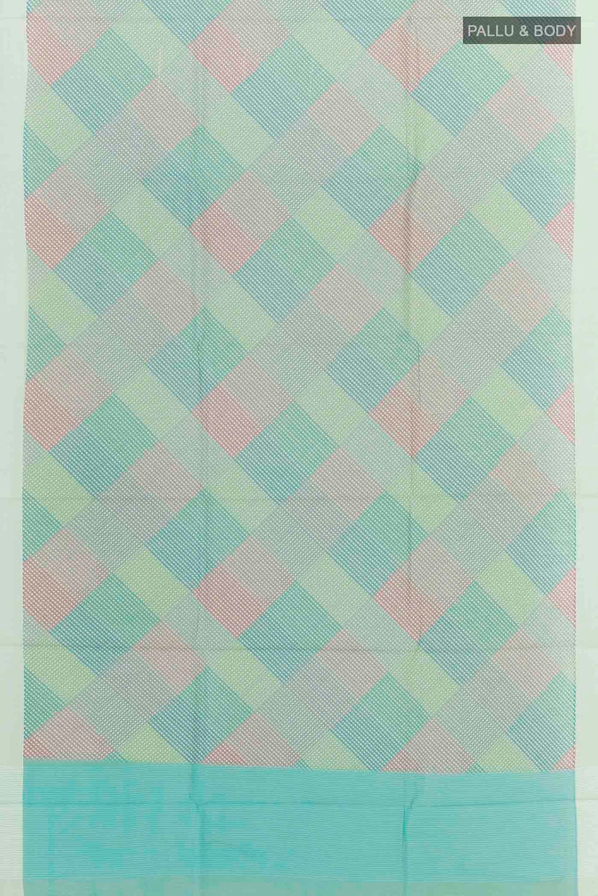 Flat view of Teal Tussar SareePrinted design on the body and Embroidery Border