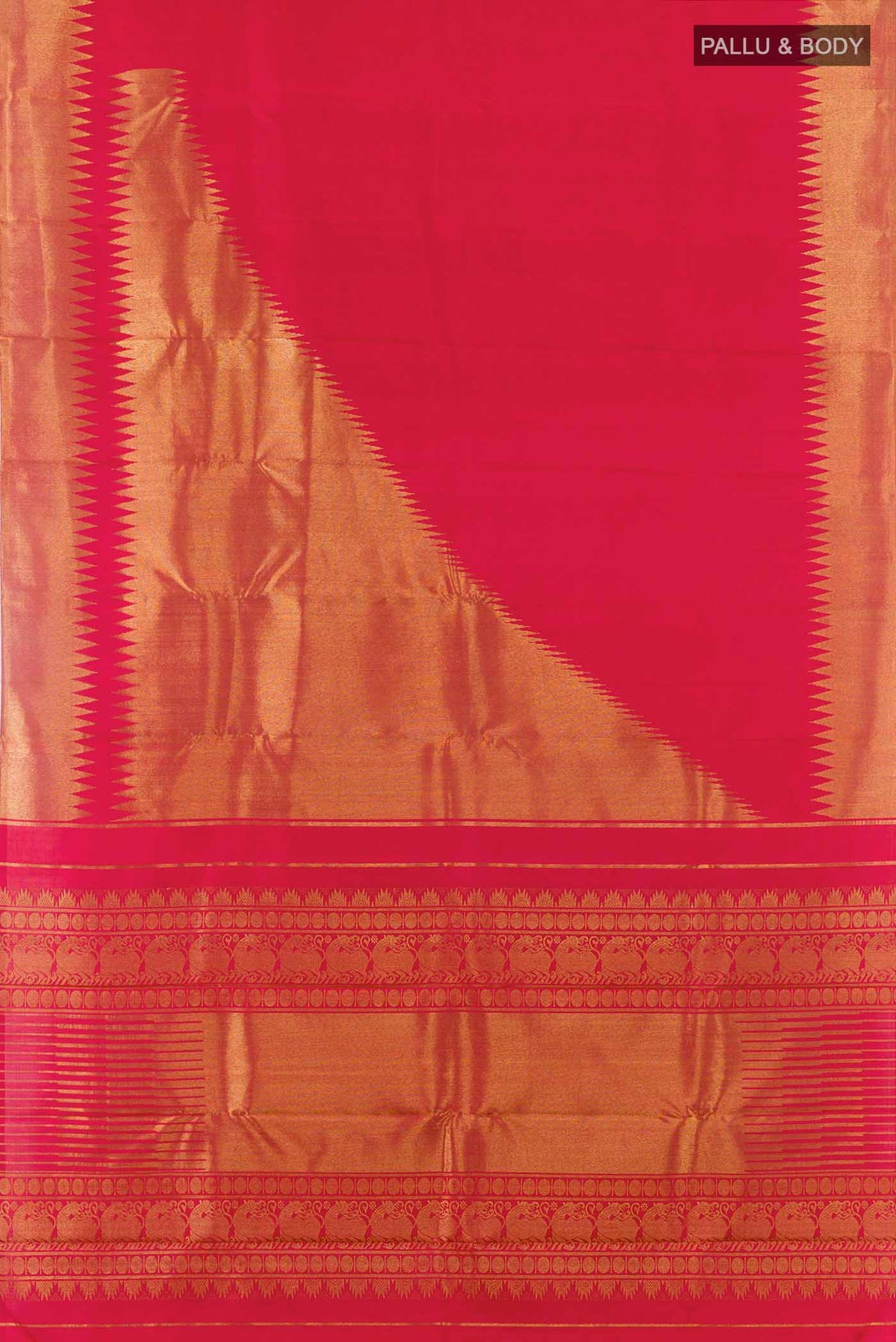 Flat view of Maroon Kanchipuram Silk Saree with Plain Body and Rising Temple Border