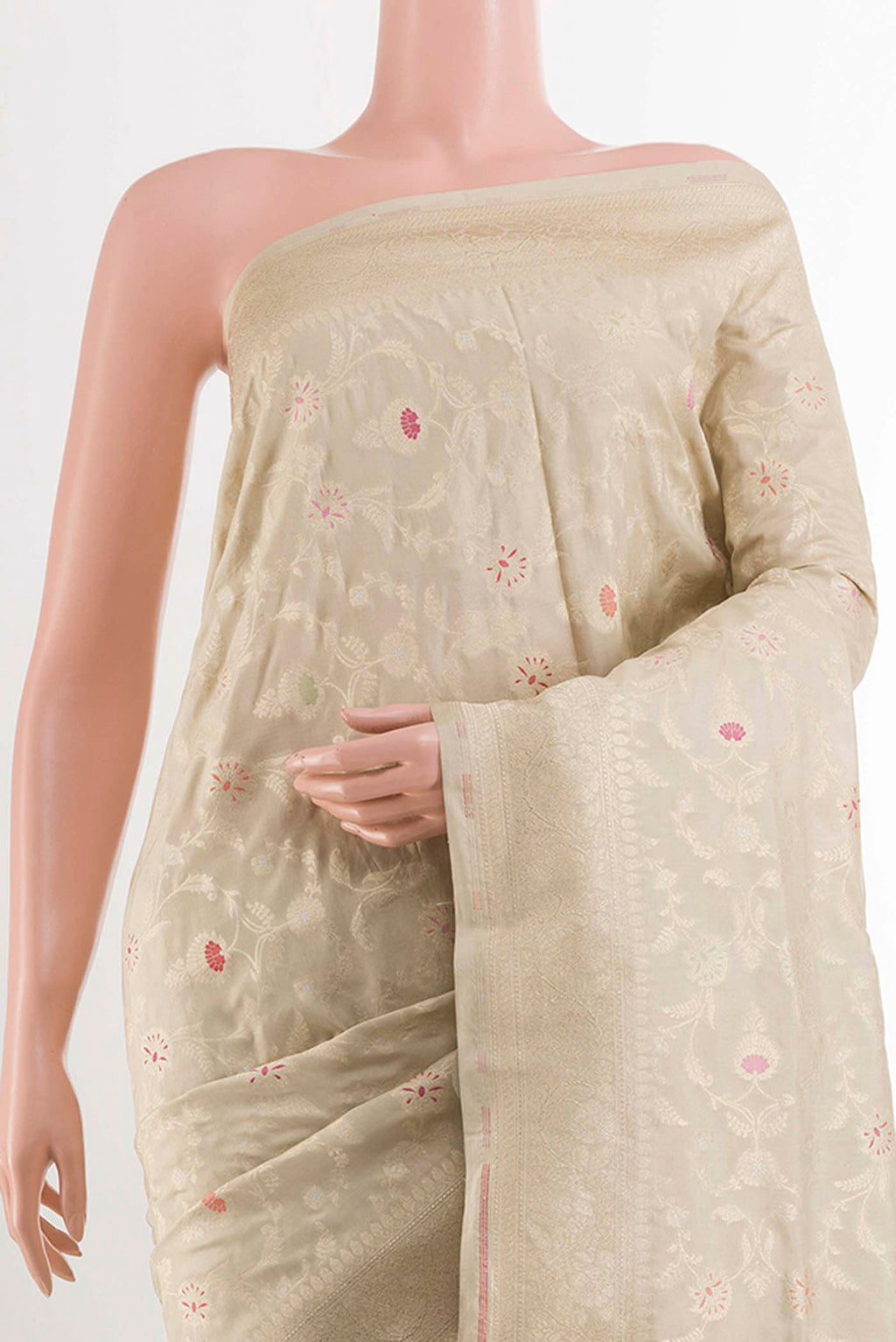 Border image of Cream Banarasi Silk Saree with Zari Brocade on the body and Zari Border