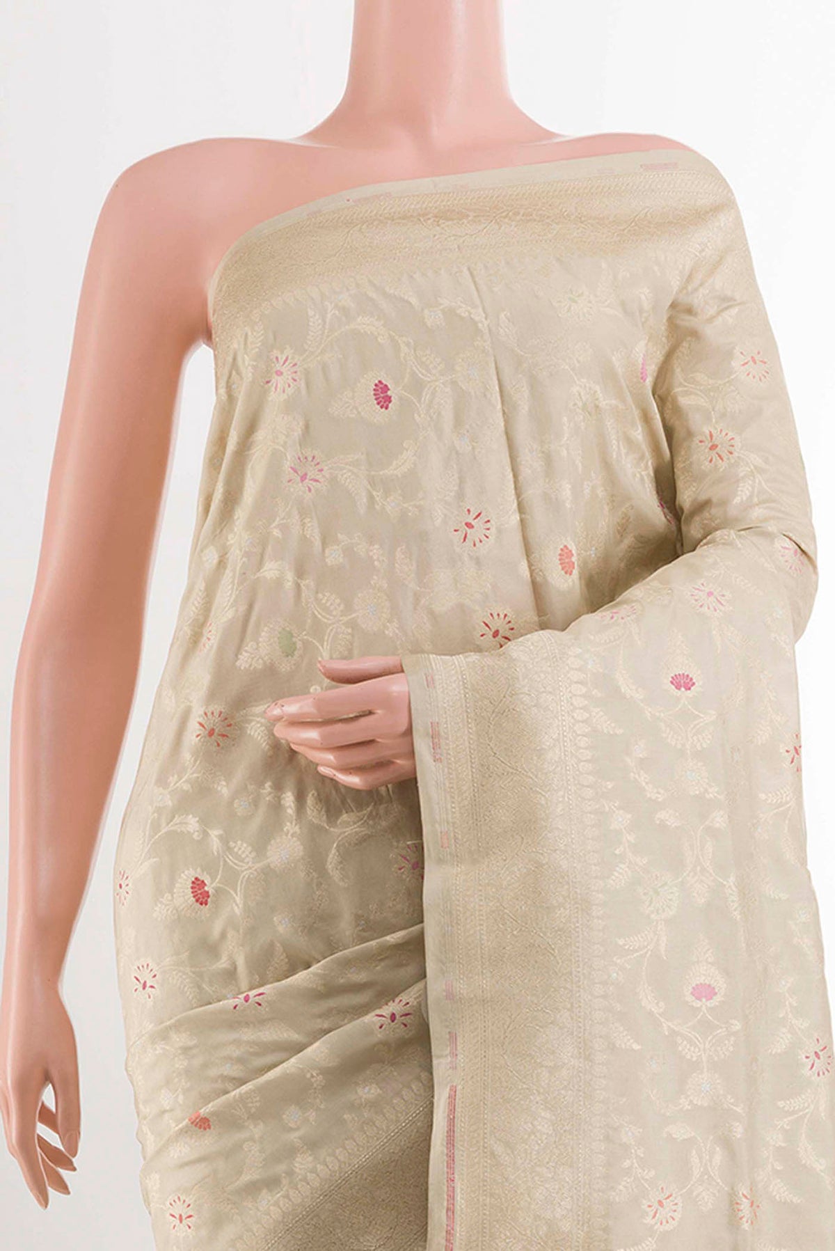 Border image of Cream Banarasi Silk Saree with Zari Brocade on the body and Zari Border