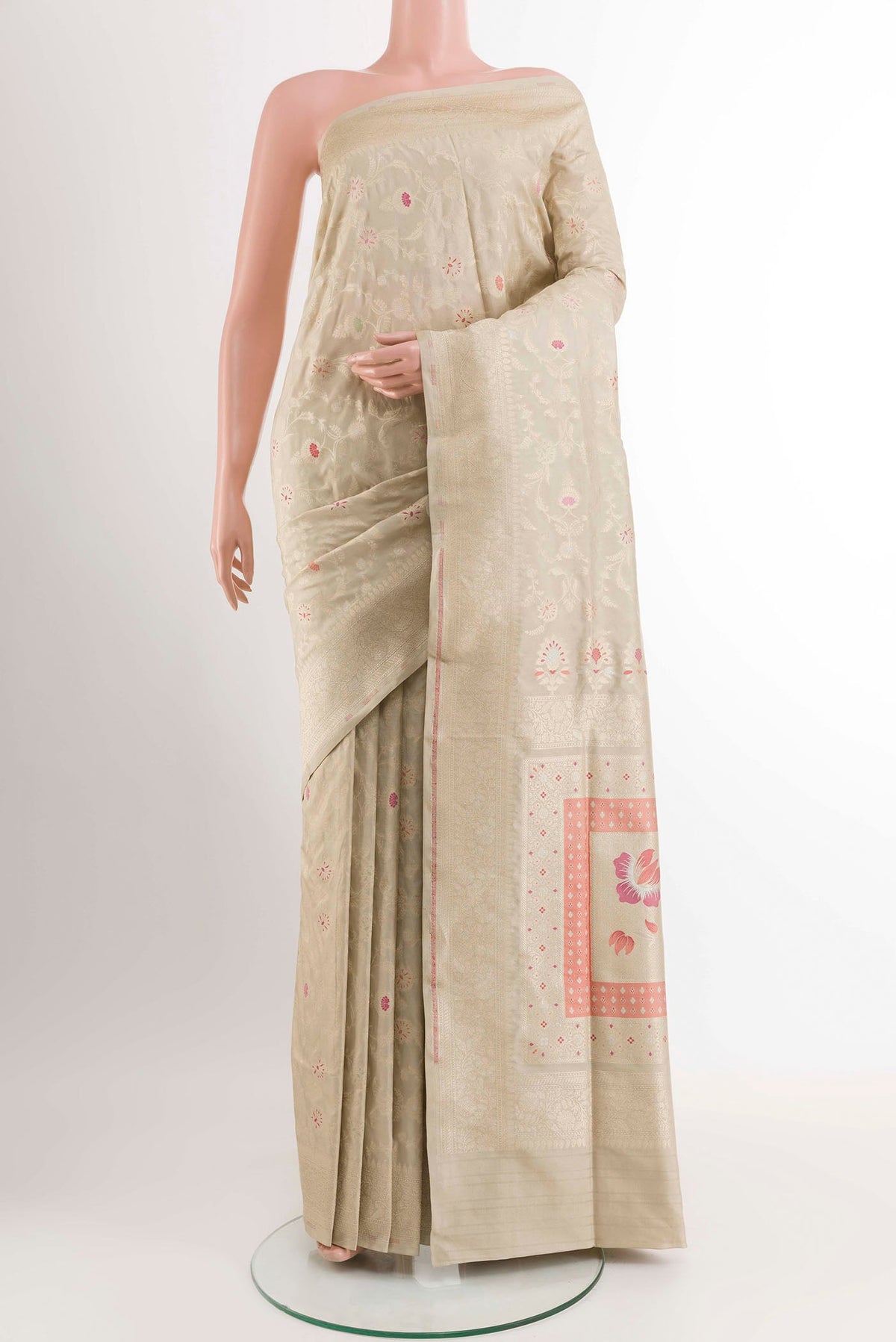 Cream Banarasi Silk Saree with Zari Brocade on the body and Zari Border displayed on a mannequin