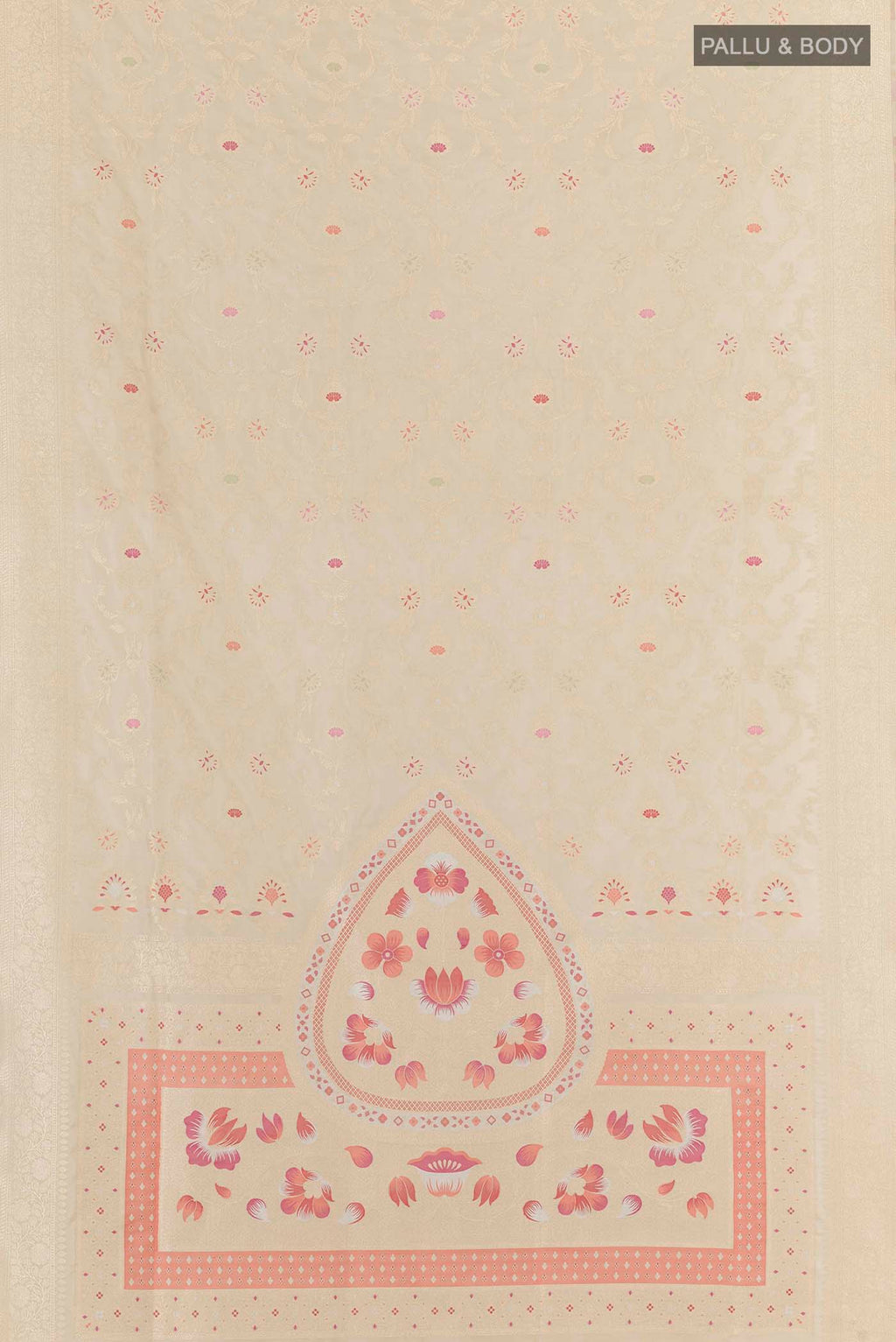 Flat view of Cream Banarasi Silk Saree with Zari Brocade on the body and Zari Border