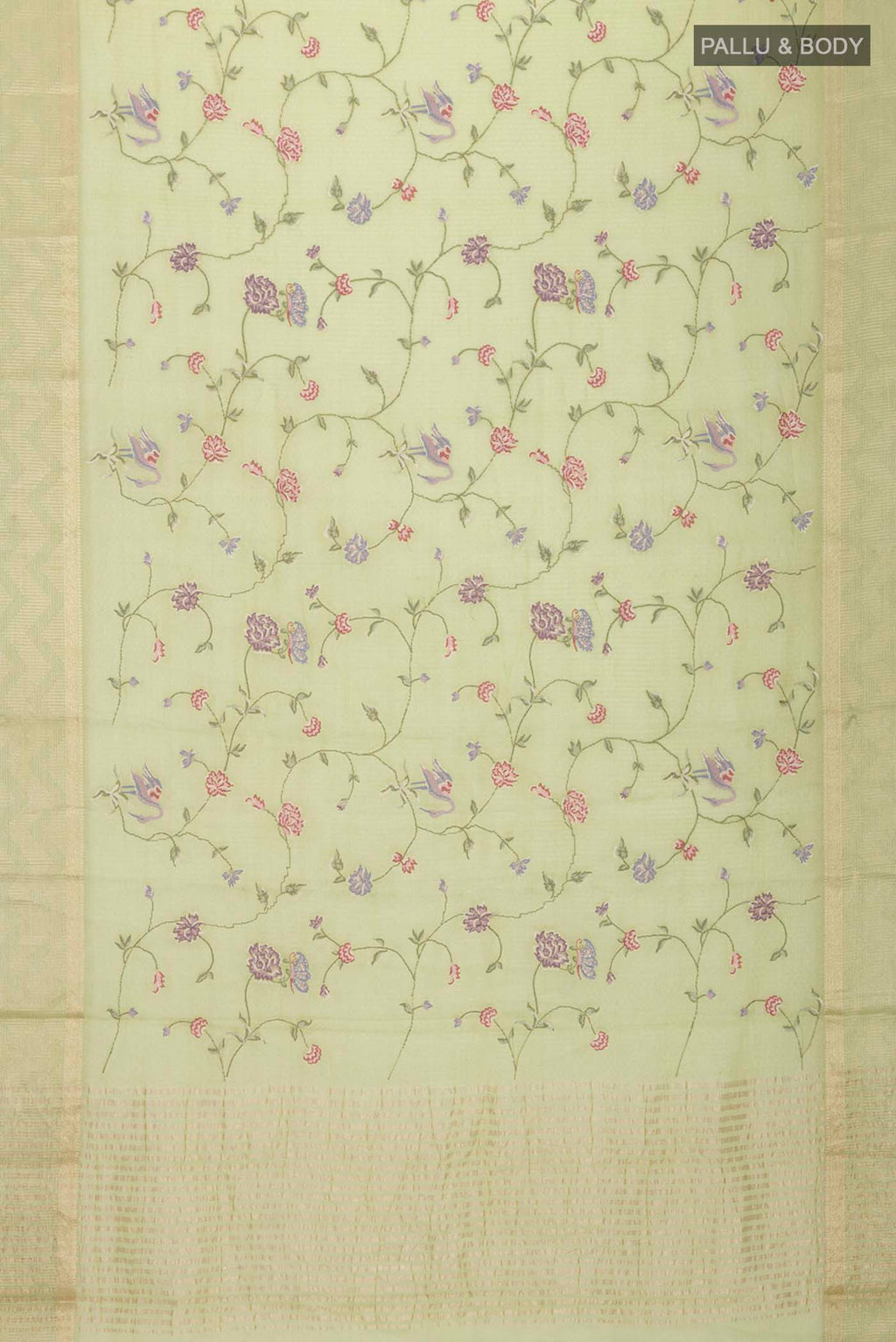 Flat view of Green Mysore Georgette Saree with Embroidery on the body and Zari Border
