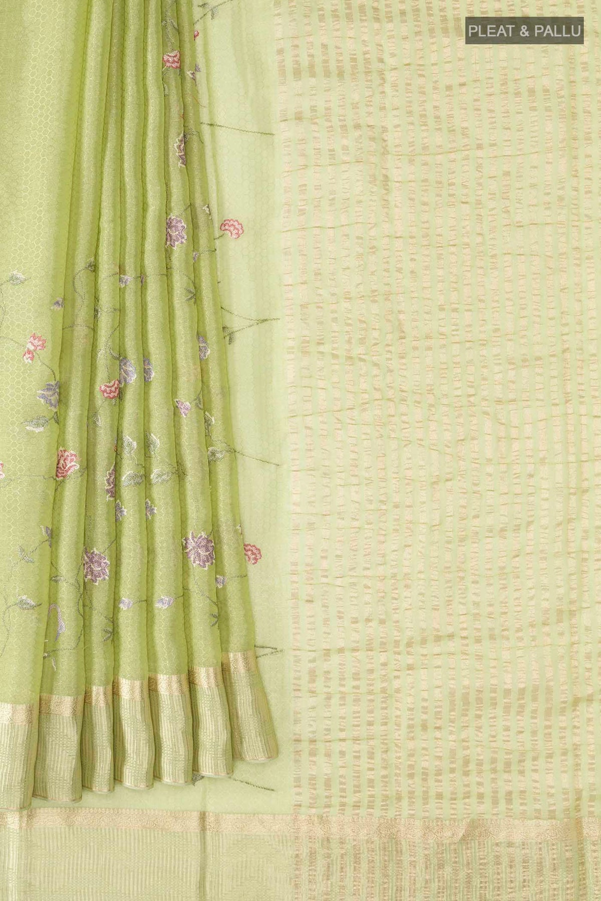 Pleats and pallu of Green Mysore Georgette Saree with Embroidery on the body and Zari Border