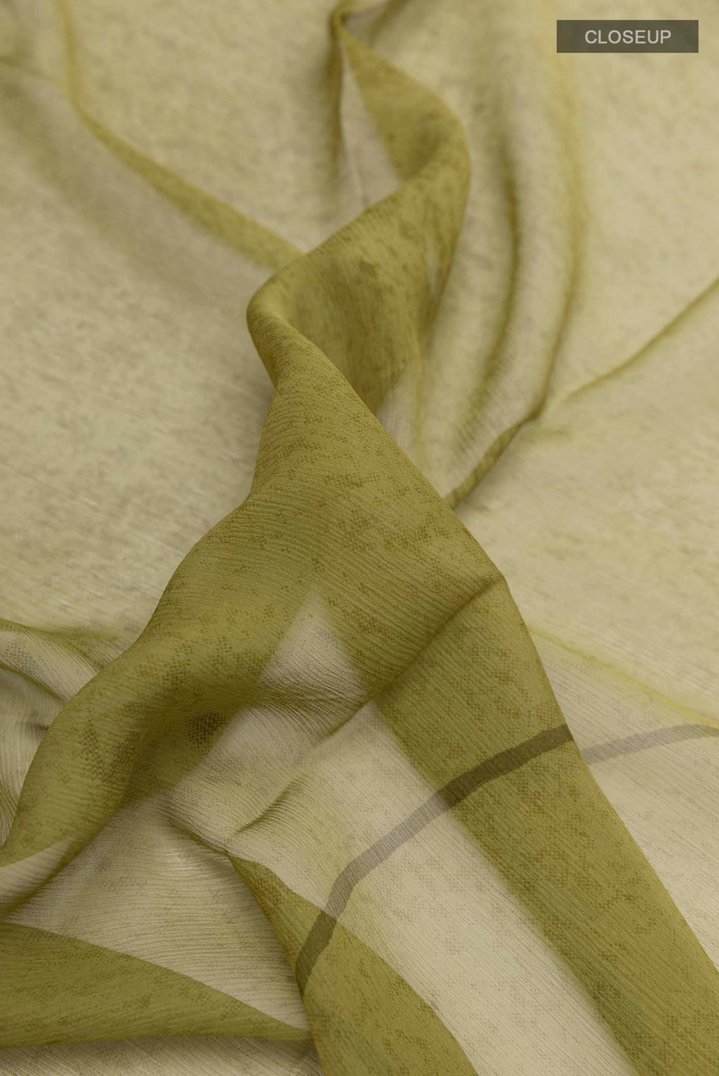 Close up of Green Chiffon Saree with Floral Print on the body and Plain Border displaying folds