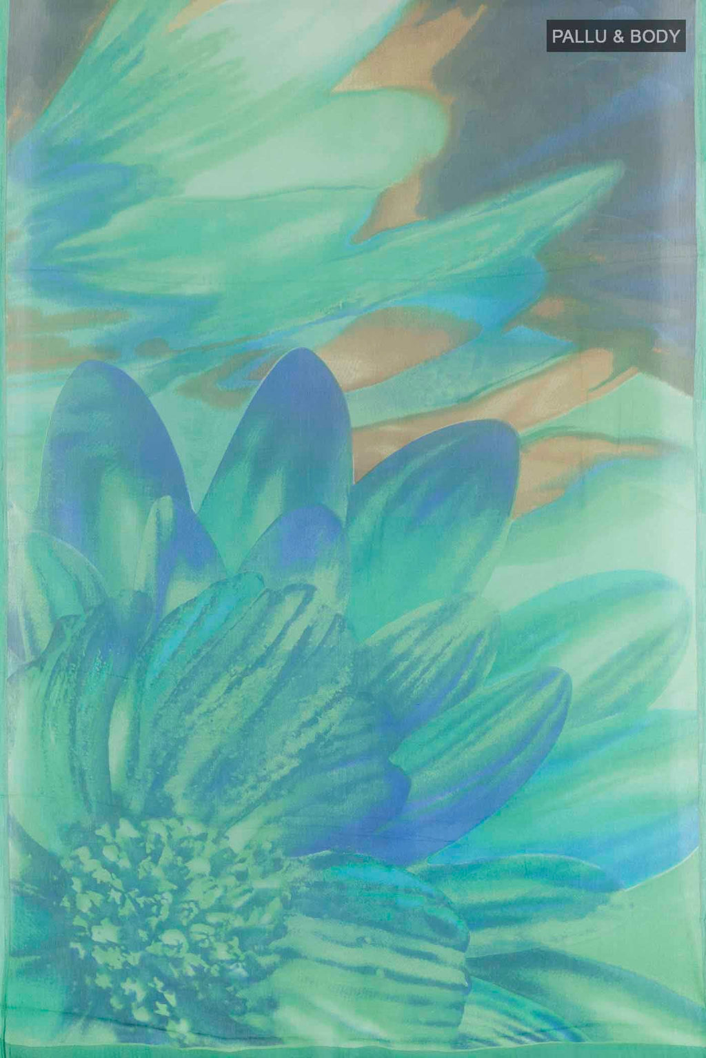 Flat view of Peacock Blue Mysore Chiffon Saree with Printed design on the body and Zari Border