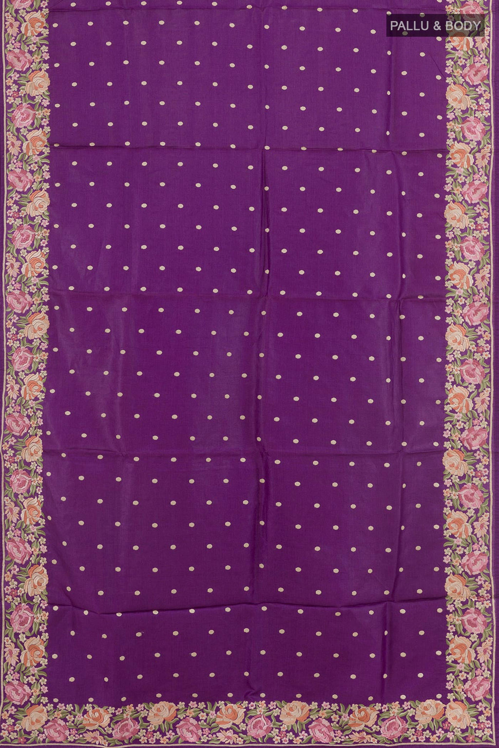 Flat view of Purple Tussar Saree with Embroidery on the body and Embroidery Border. 