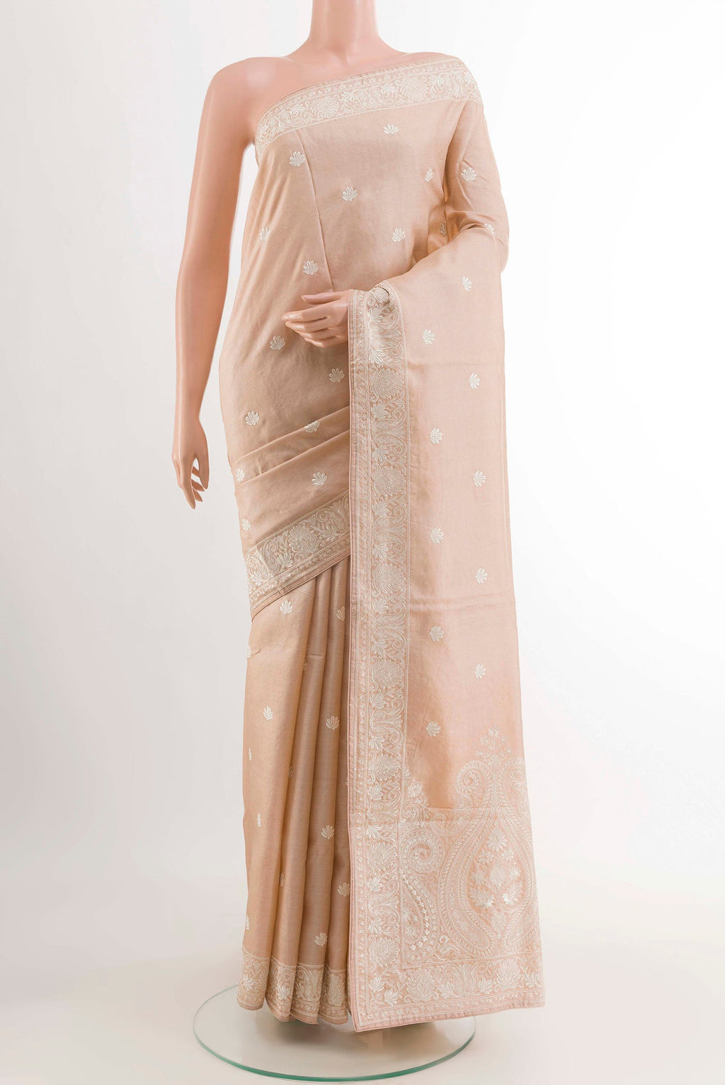 Imperial Pink Tussar Saree with Thread Butta on the body and Embroidery Border displayed on a mannequin