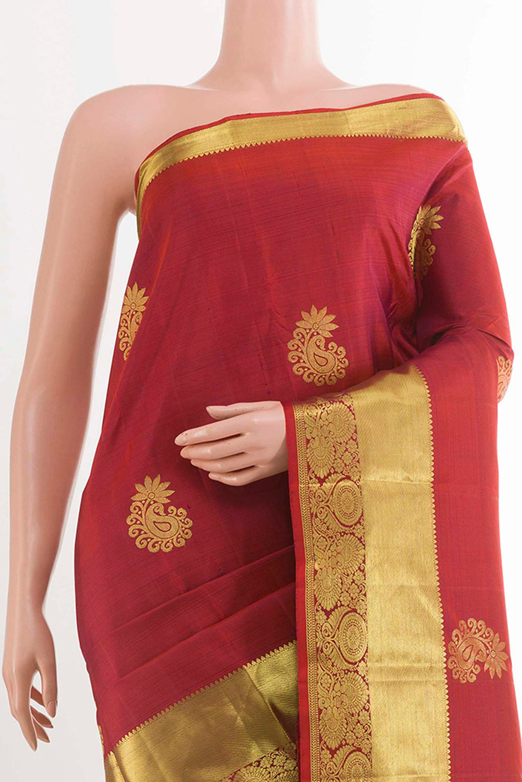 Border image of Deep Red Kanchipuram Silk Saree with Zari Butta on the body and Zari Border