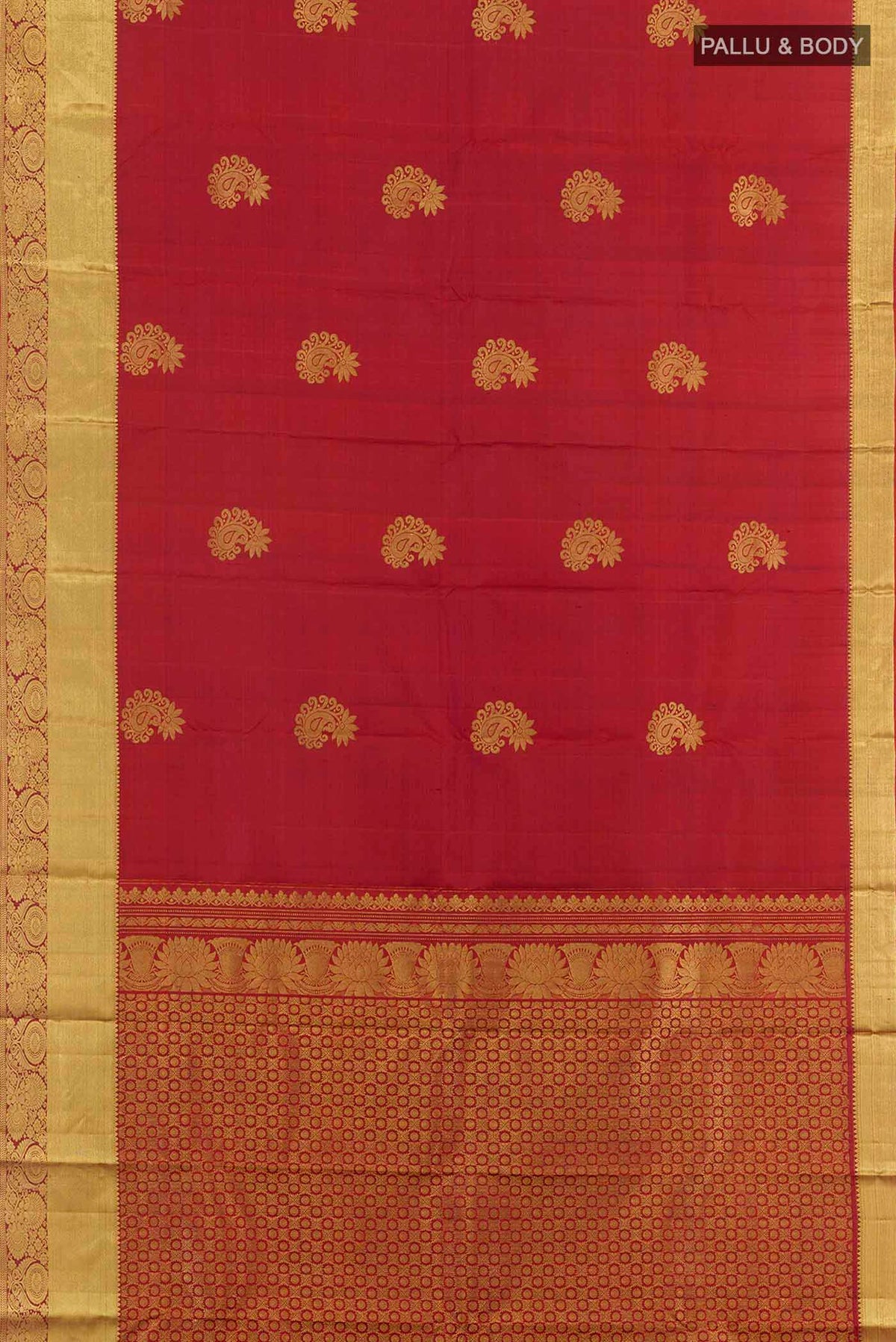 Flat view of Deep Red Kanchipuram Silk Saree with Zari Butta on the body and Zari Border