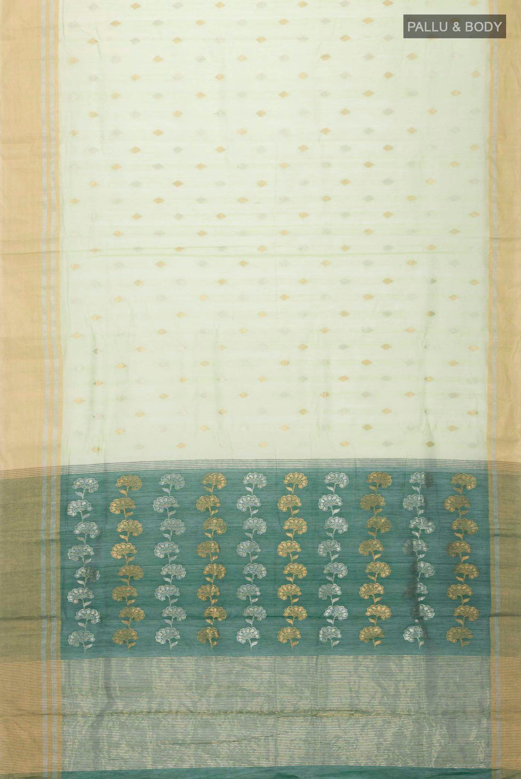 Flat view of Green Chanderi Silk Cotton Saree with Zari Butta on the body and Zari Border