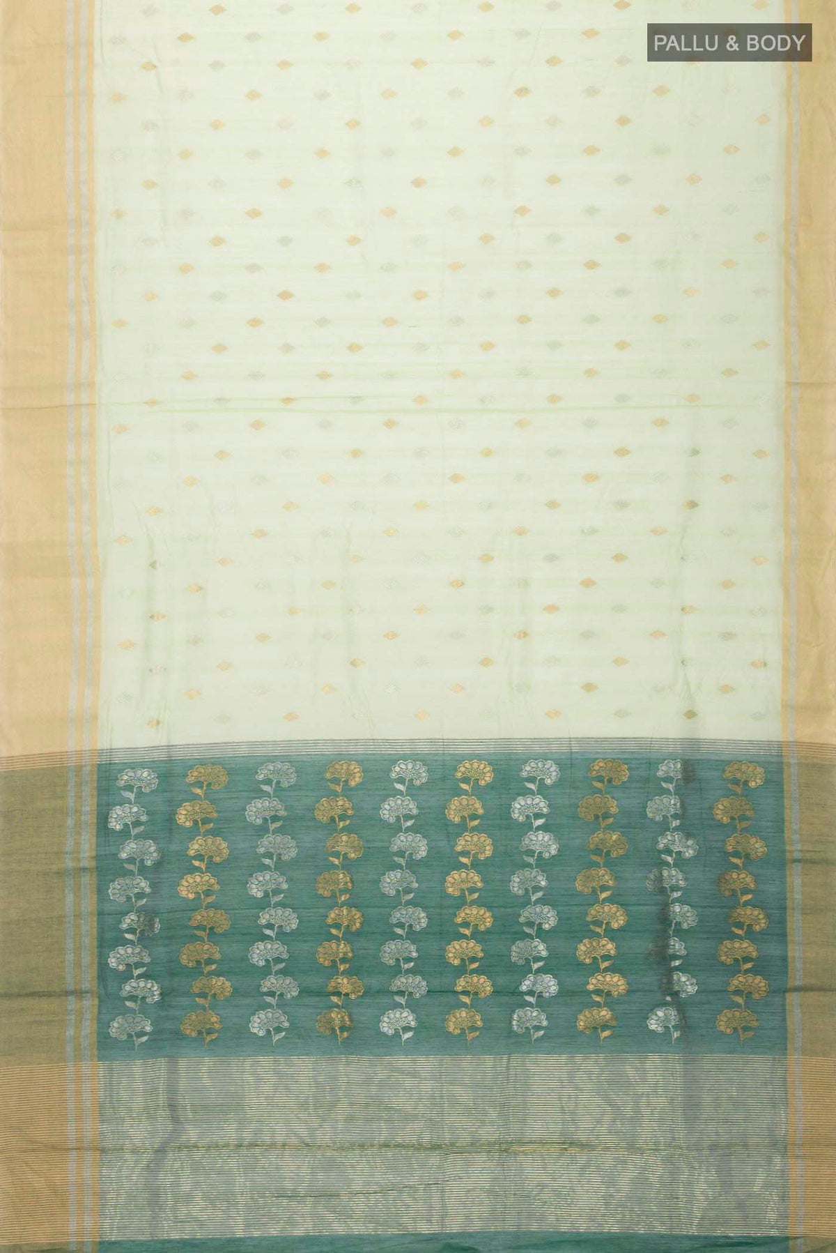 Flat view of Green Chanderi Silk Cotton Saree with Zari Butta on the body and Zari Border