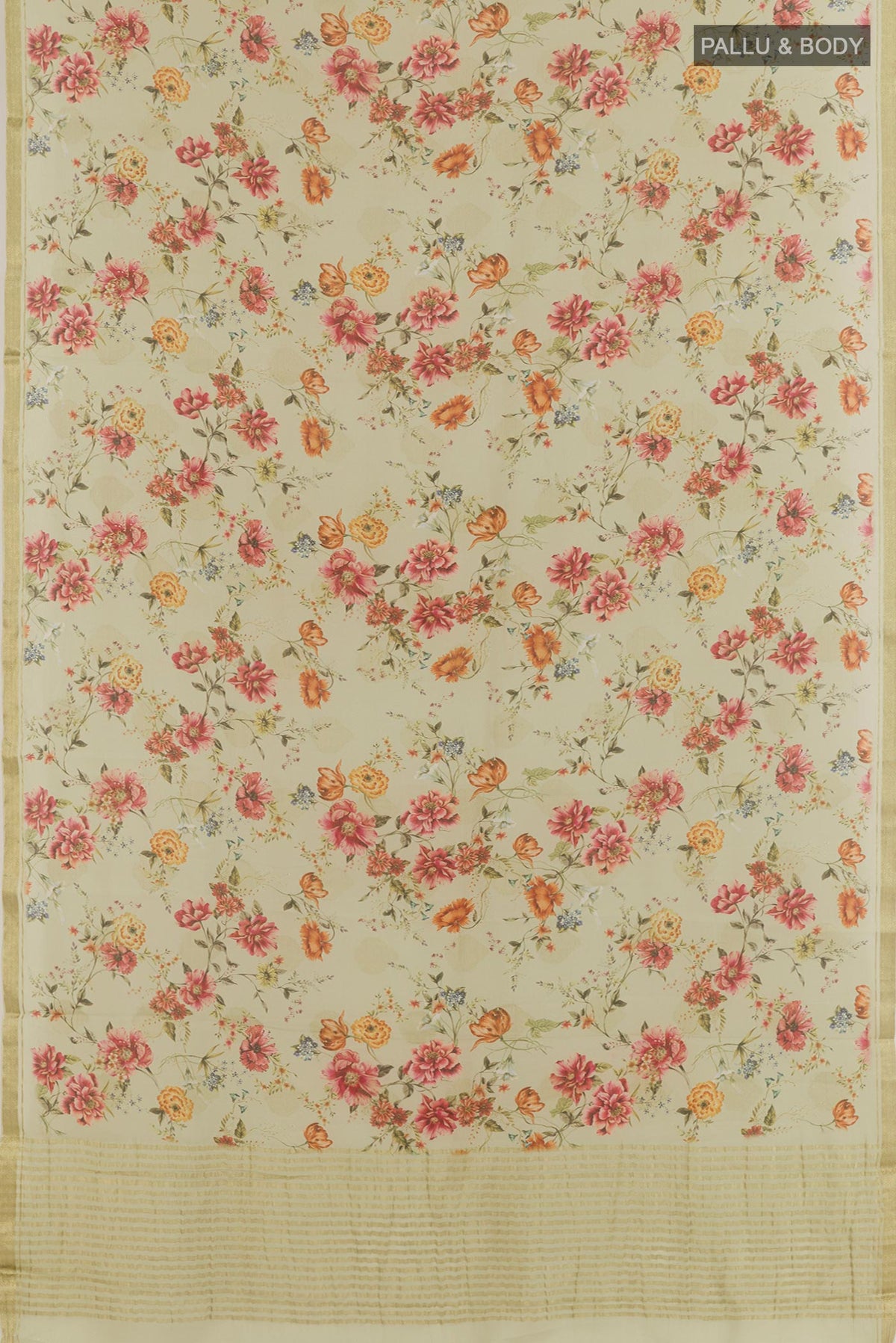 Flat view of Beige Mysore Chiffon Saree with Floral Print on the body and Zari Border. 