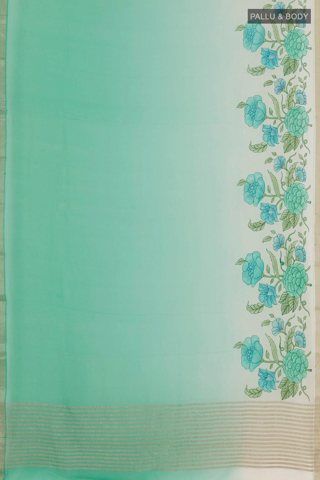 Flat view of Green Mysore Chiffon Saree with Printed design on the body and Zari Border. 
