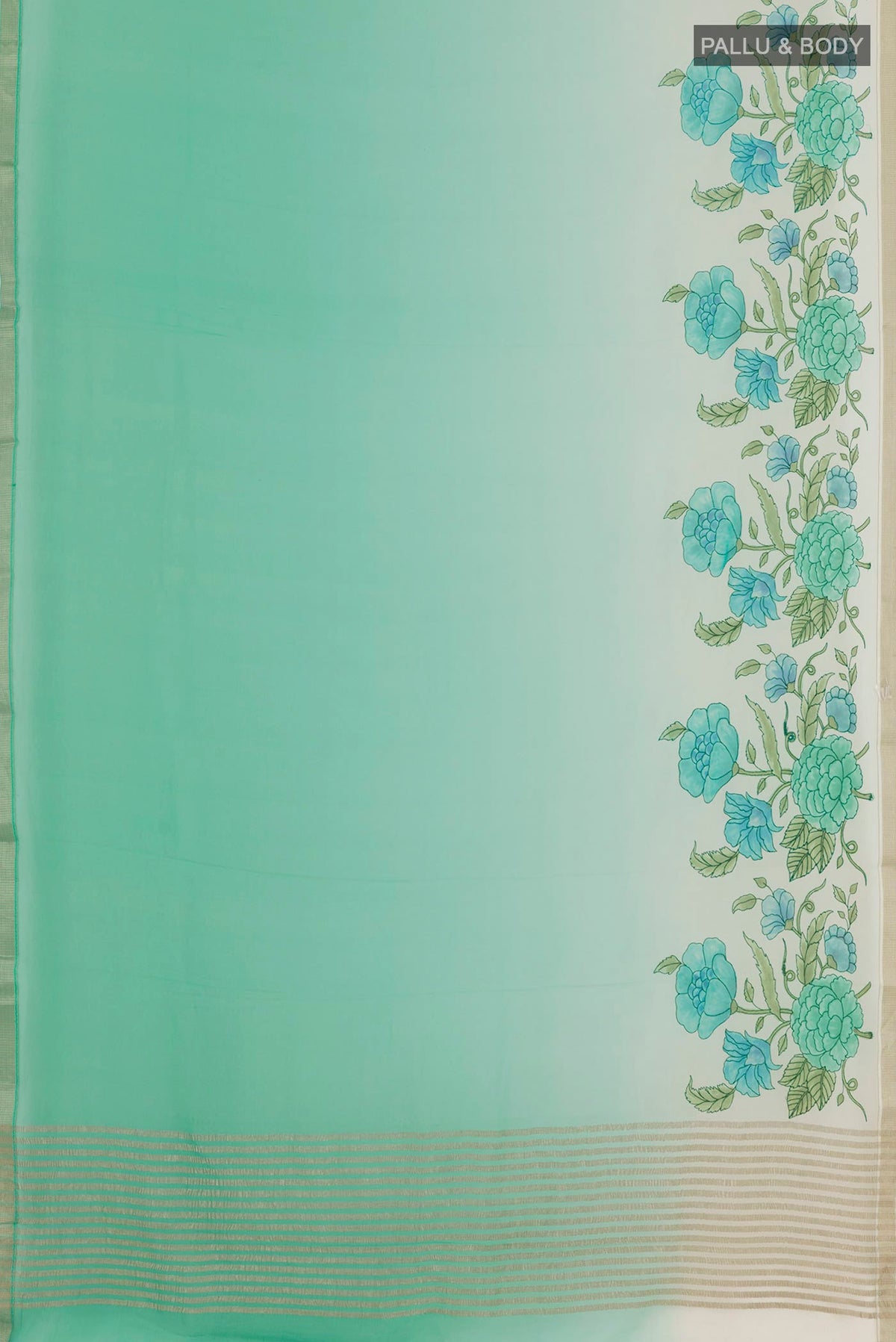 Flat view of Green Mysore Chiffon Saree with Printed design on the body and Zari Border. 