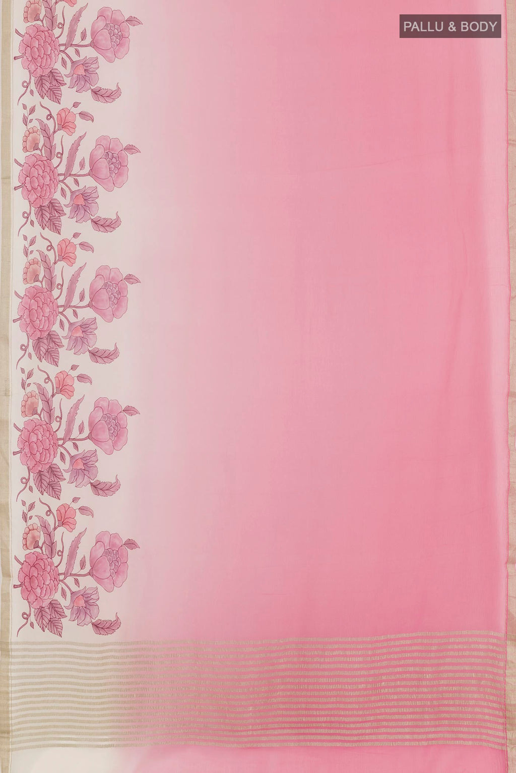 Flat view of Pink Mysore Chiffon Saree with Printed design on the body and Zari Border. 
