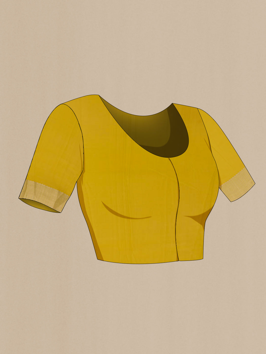 Close up image of the blouse of Mustard Mysore Crepe Saree with Zari Brocade on the body and Zari Border. 