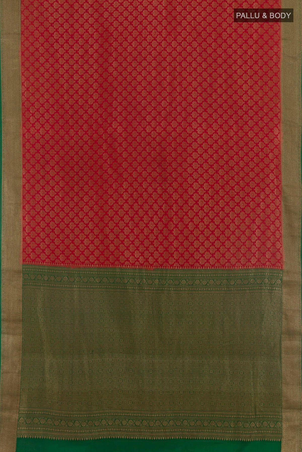 Flat view of Red Mysore Crepe Saree with Zari Butta on the body and Zari Border. 