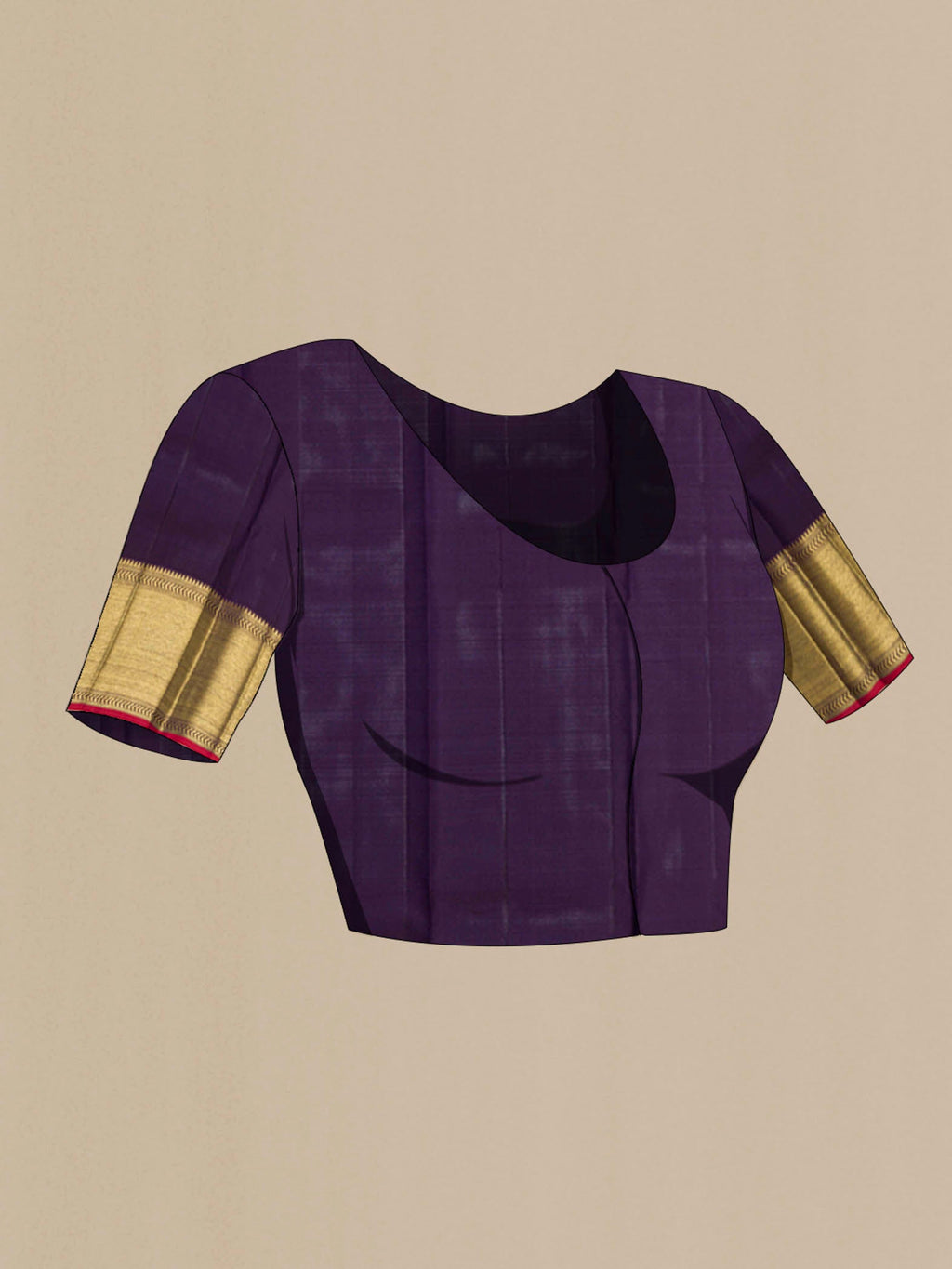 Close up image of the blouse of Pure Silk Pure Zari Purple Kanchipuram Saree with Zari Brocade on the body and Zari Border