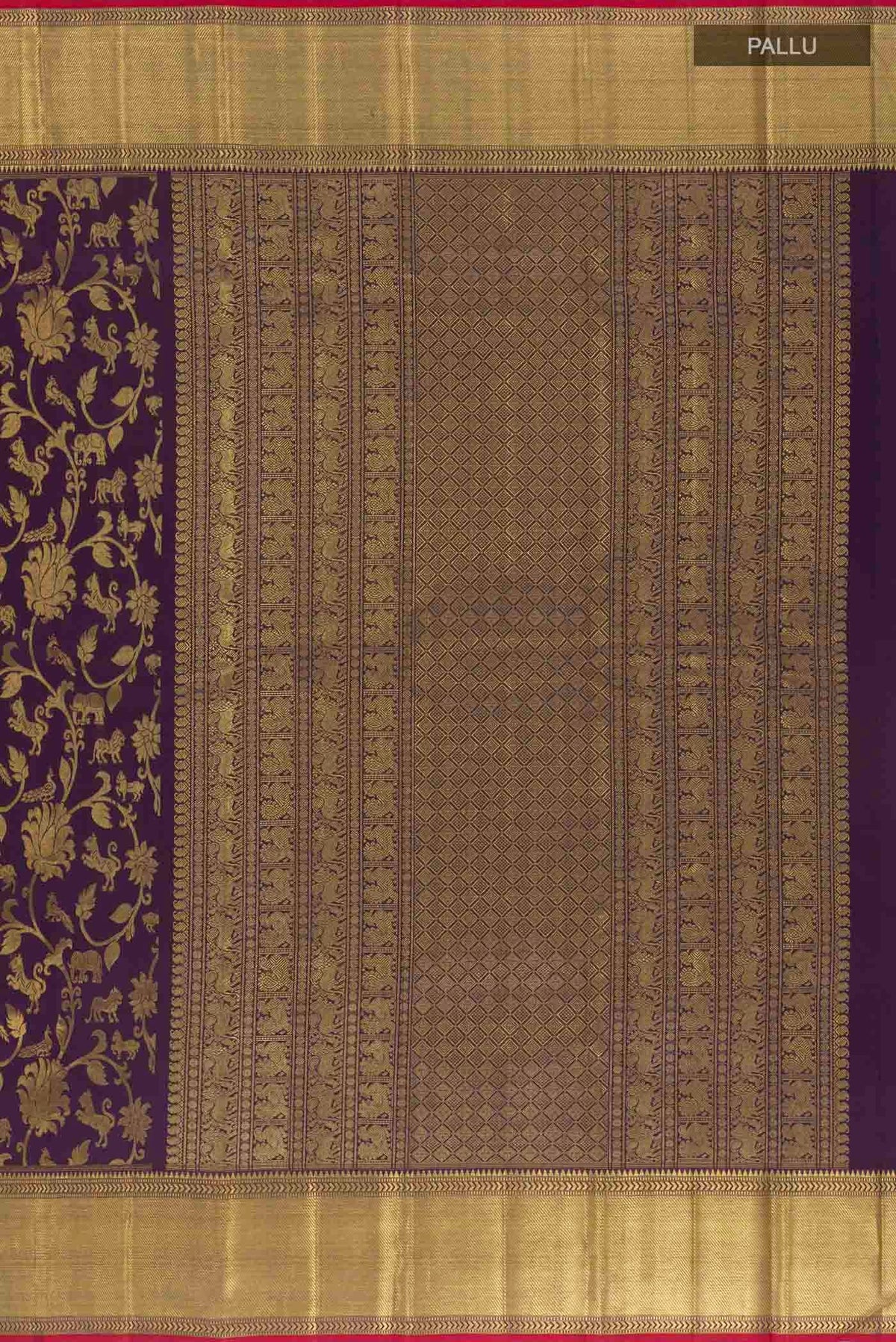 Close up image of the pallu of Pure Silk Pure Zari Purple Kanchipuram Saree with Zari Brocade on the body and Zari Border