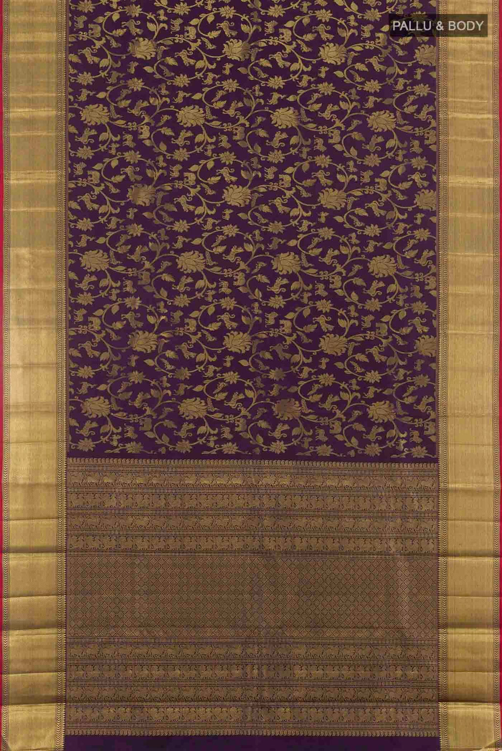 Flat view of Pure Silk Pure Zari Purple Kanchipuram Saree with Zari Brocade on the body and Zari Border