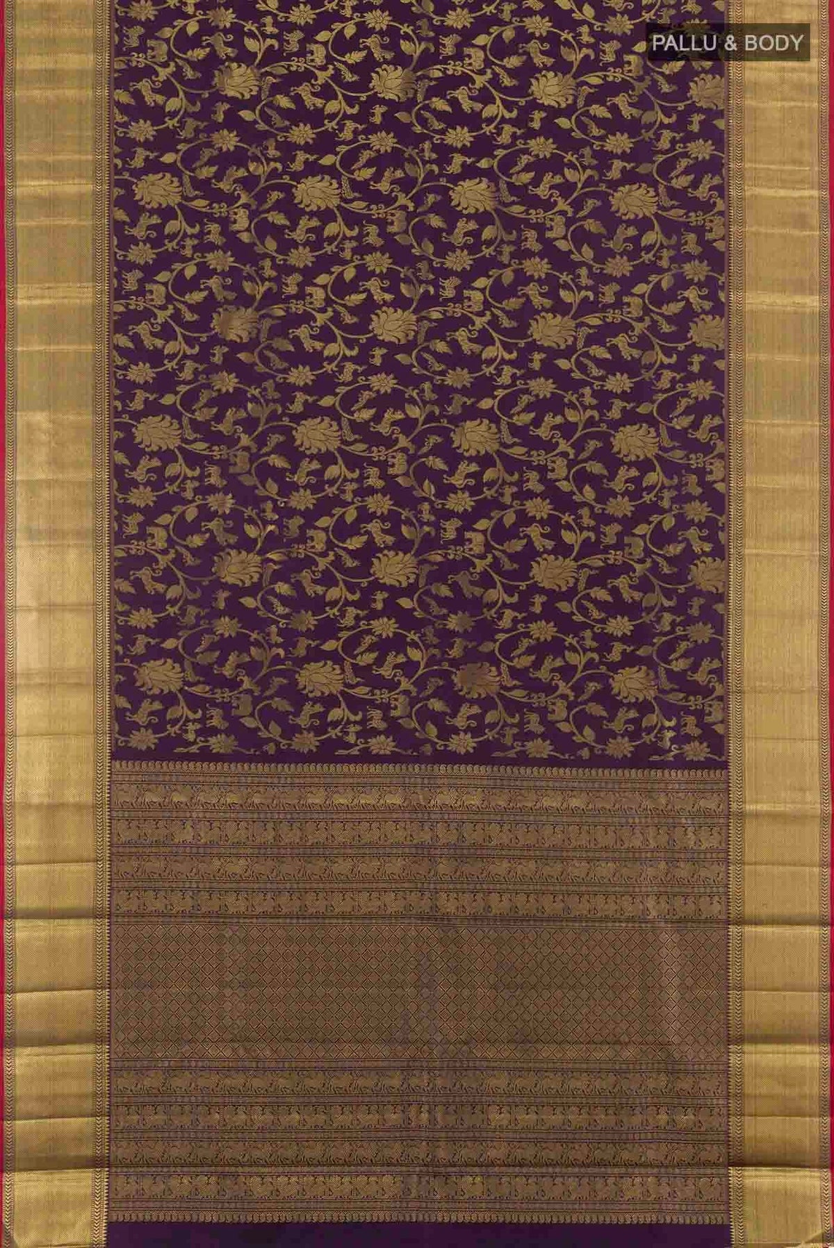 Flat view of Pure Silk Pure Zari Purple Kanchipuram Saree with Zari Brocade on the body and Zari Border