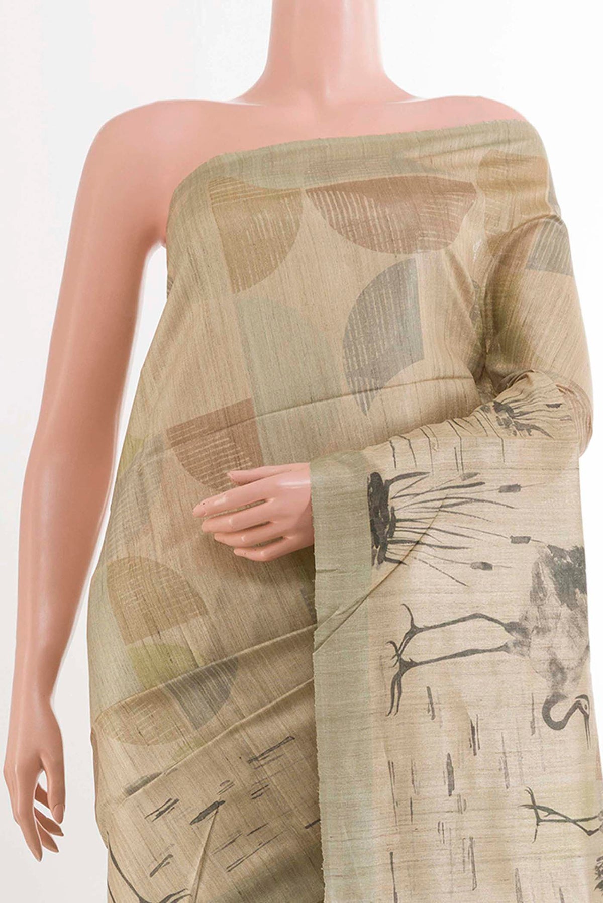 Border image of Beige Tussar Saree with Printed design on the body and Zari Border