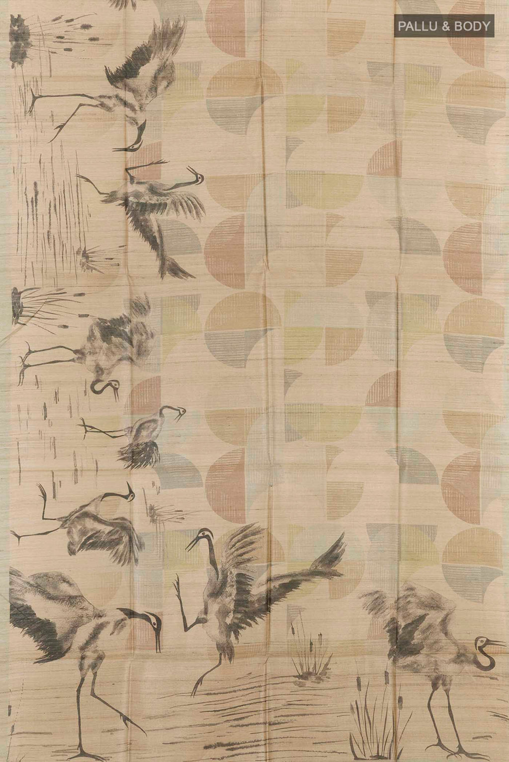 Flat view of Beige Tussar Saree with Printed design on the body and Zari Border