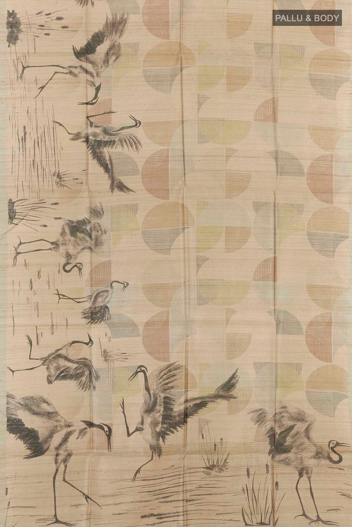 Flat view of Beige Tussar Saree with Printed design on the body and Zari Border