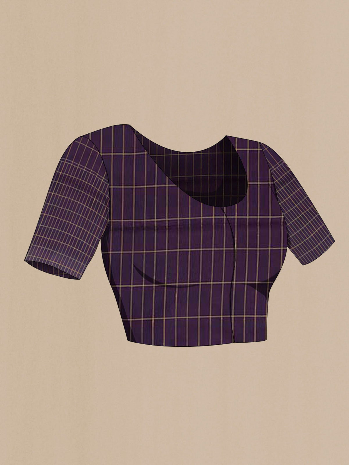 Close up image of the blouse of Pure Silk Pure Zari Purple Soft Saree with Stripes on the body and Zari Border. 