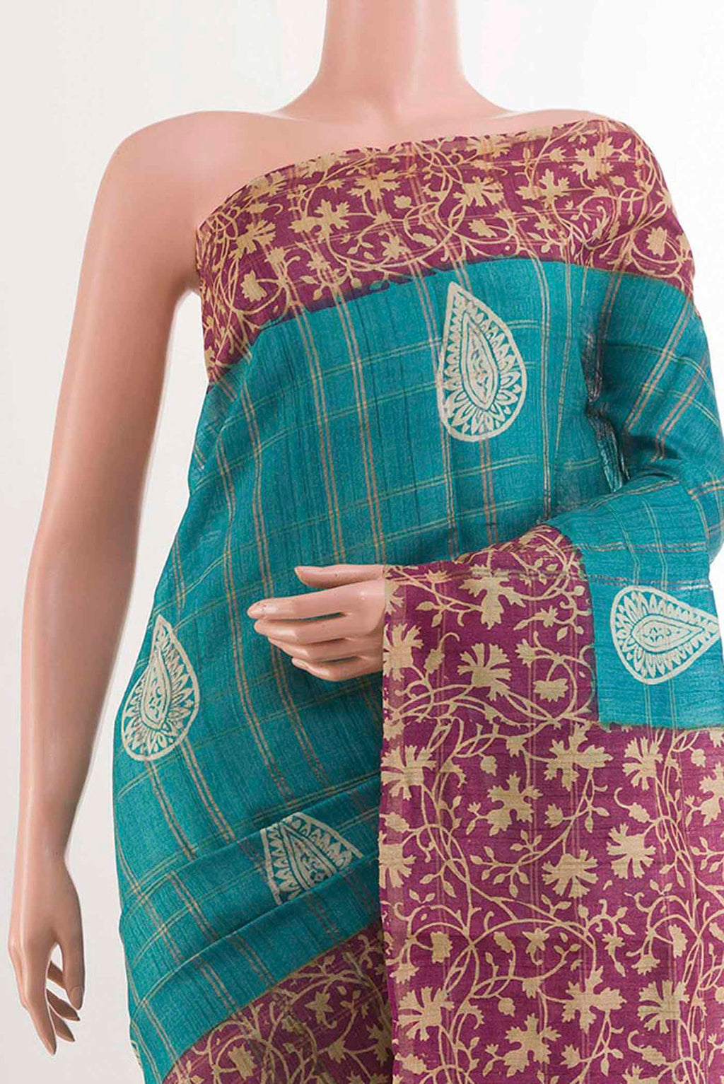 Border image of Blue Tussar Saree with Checked design on the body and Zari Border