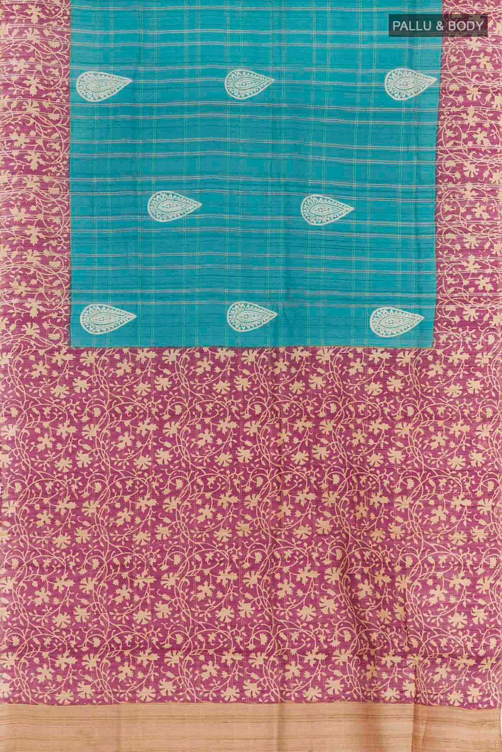 Flat view of Blue Tussar Saree with Checked design on the body and Zari Border