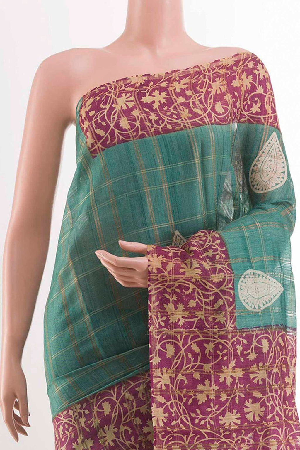 Border image of Turquoise Tussar Saree with Checked design on the body and Zari Border