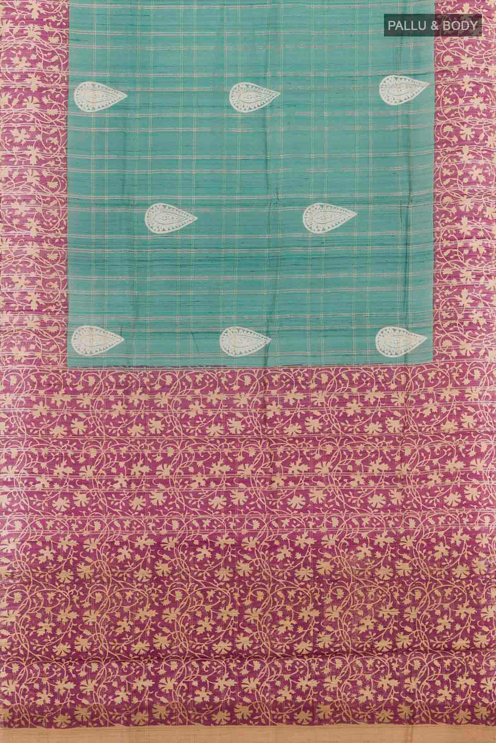 Flat view of Turquoise Tussar Saree with Checked design on the body and Zari Border